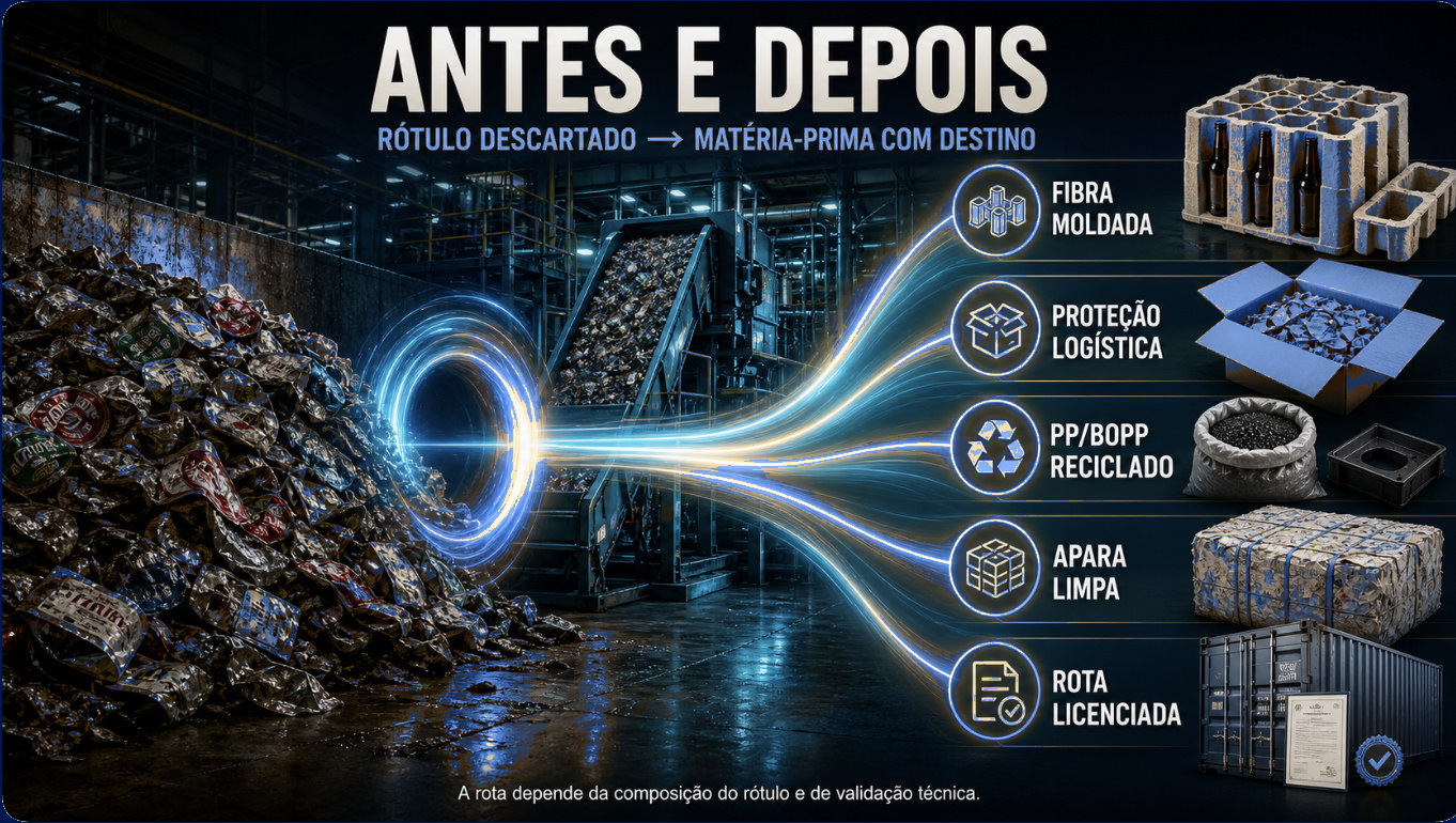 Antes e depois: pilha de rótulos descartados transformada em fibra moldada, proteção logística, plástico reciclado, apara e destinação licenciada.