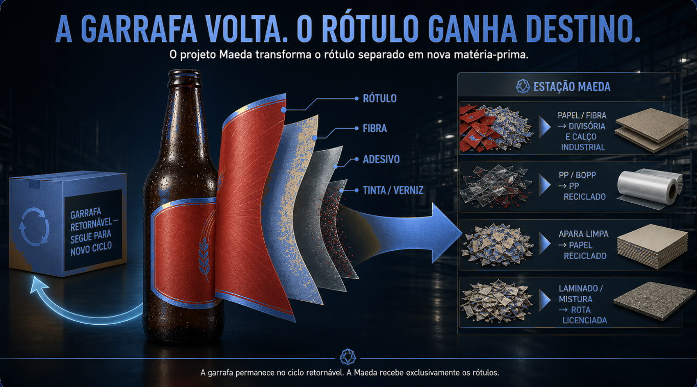 A garrafa retornável segue no ciclo. O rótulo se abre em camadas: fibra, adesivo, tinta. A estação Maeda classifica papel, PP/BOPP, apara limpa e rejeito.