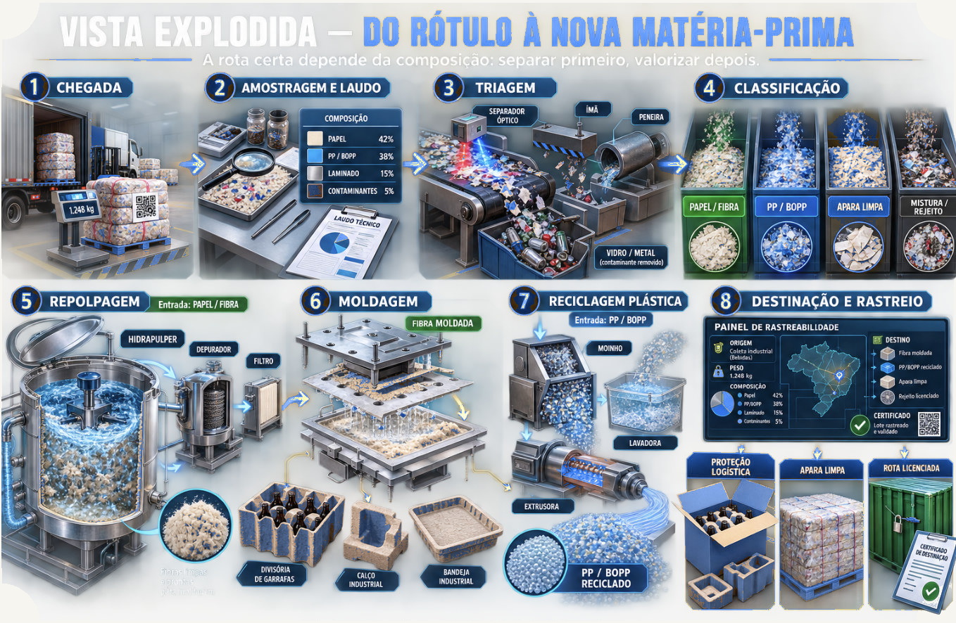Vista explodida da linha Maeda: oito estações da chegada do big-bag até divisória, calço, pellet e certificado de destinação.