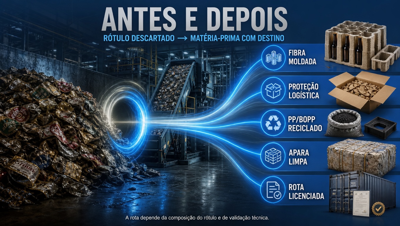 Antes e depois: pilha de rótulos descartados transformada em fibra moldada, proteção logística, plástico reciclado, apara e destinação licenciada.